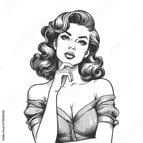 pin-up girl, thoughtfully posing with her hand on her chin sketch engraving generative ai fictional character vector illustration. Scratch board imitation. Black and white image.
