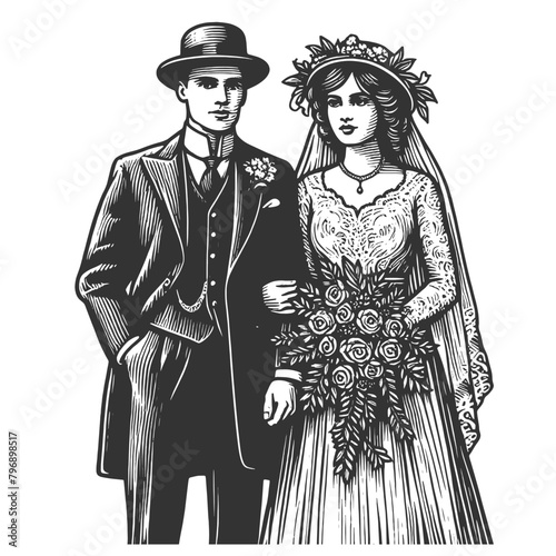 vintage bride and groom, elegantly dressed, exuding timeless wedding day joy sketch engraving generative ai fictional character vector illustration. Scratch board imitation. Black and white image.