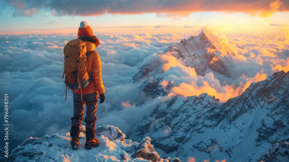 A woman standing on a snowy mountaintop, conquering the summit and reveling in the exhilaration of high-altitude exploration.