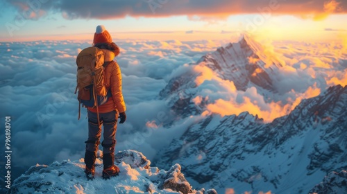 A woman standing on a snowy mountaintop  conquering the summit and reveling in the exhilaration of high-altitude exploration.