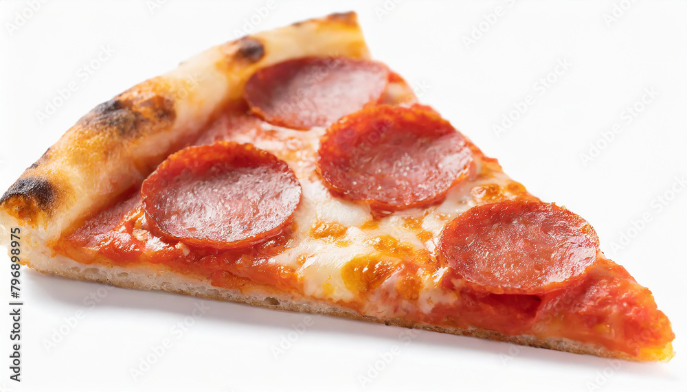 Triangular piece of pepperoni pizza isolated on white background. Tasty fast food. Delicious snack. Triangular piece of pepperoni pizza isolated on white background. Tasty fast food. Delicious snack.