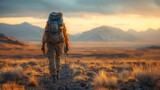 A man trekking across a barren desert landscape, embracing the challenge and solitude of remote exploration.
