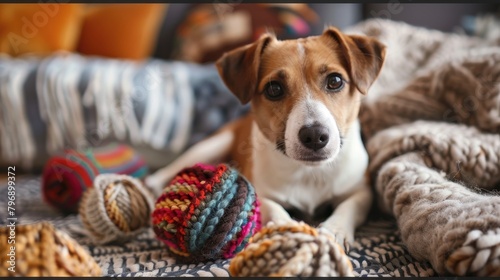 A cute brown and white dog is lying on a blanket next to a ball of yarn. © Nic