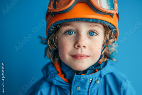Smiling Young Boy Dressed in Ski Gear with Blue Background © smth.design