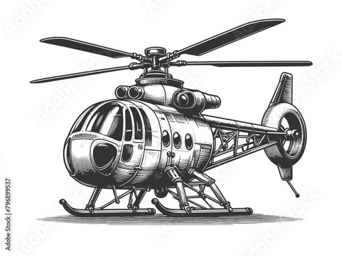  vintage-style illustration of a classic helicopter, rendered in black and white engraving technique sketch engraving generative ai vector illustration. Scratch board imitation. Black and white image.