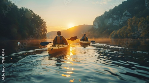 A couple kayaking on a serene lake, discovering hidden coves and scenic vistas as they paddle through uncharted waters.