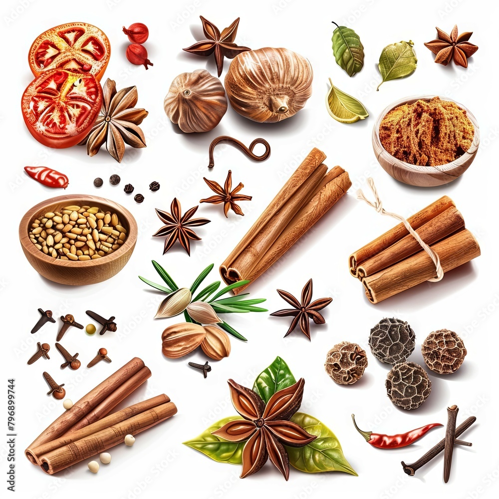 Assortment of Flavorful Spices and Herbs on White Background with Vibrant Colors and Textures for Cooking and Culinary Purposes