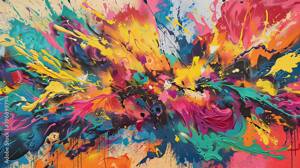 An abstract painting featuring a dynamic explosion of vibrant colors, with splatters and strokes creating a sense of movement.