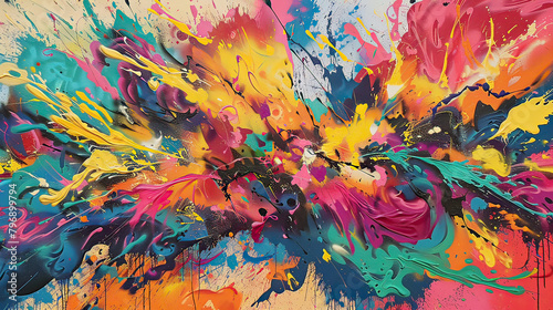 An abstract painting featuring a dynamic explosion of vibrant colors, with splatters and strokes creating a sense of movement.