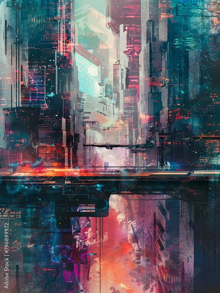 Futuristic Watercolor Metropolis with Vibrant Architectural Skyline and Captivating Reflections