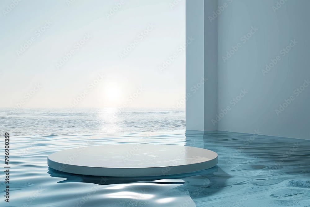 Stylish modern water podium, sleek glass, rippling water background, perfect for sunscreen lotion, spa, and wellness products