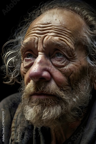 Portrait of an elderly homeless man, surreal, textured skin, dry skin, high contrast, Rembrandt light. Generative AI