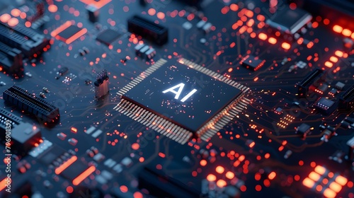 Futuristic High-Tech Concept Visualization: 3D Render of CPU Processor Microchip Beginning Artificial Intelligence . Electric Lines Connect into AI Symbol Ai generated 