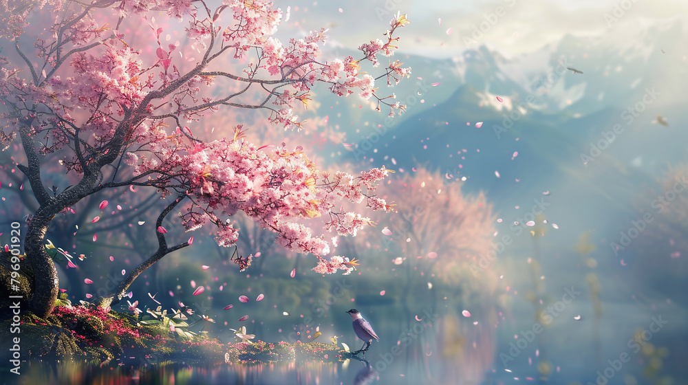flowering branches of a tree in the meadow in romatic backlight
