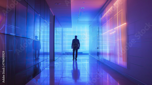 A lone figure stands in a futuristic corridor bathed in neon blue and pink lights, evoking a sense of mystery.