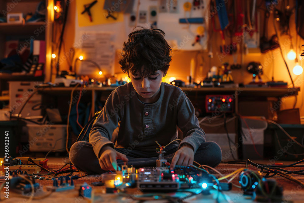 A child sitting playing to make an electrical device