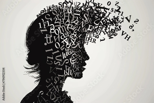 A woman's head is made up of letters and numbers. Concept of chaos and confusion