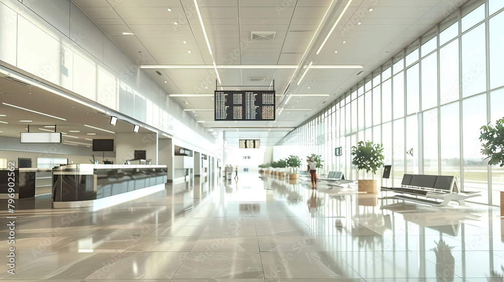 Spacious and modern airport terminal hall with natural lighting and a flight information display board.