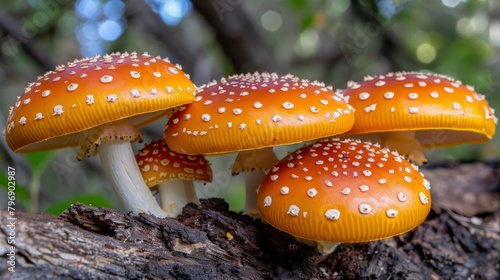  A tree branch holds a cluster of orange mushrooms amidst a forest teeming with numerous green leaves