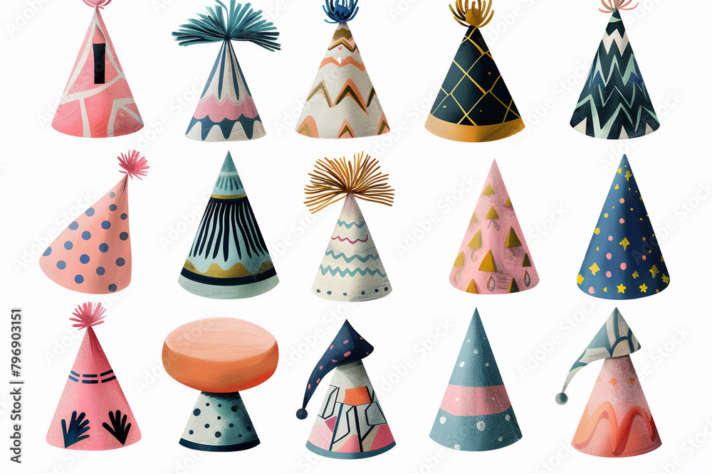 A collection of party hats in different shapes and colors.