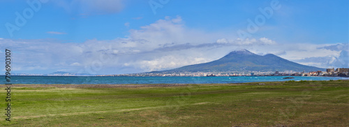 Panoramic view of mount Vesuvius (monte Vesuvio) and the gulf if Naples (golfo di Napoli) from Castellammare di Stabia's seaside, Italy