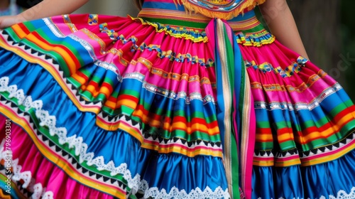 Colorful traditional Mexican folkloric dance dresses display vibrant patterns