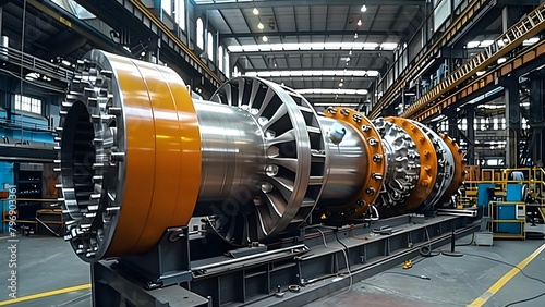 Power generation station turbine shop disassembling and inspecting turbines for maintenance. Concept Turbine Disassembly, Maintenance Inspection, Power Generation, Station Repairs, Energy Industry
