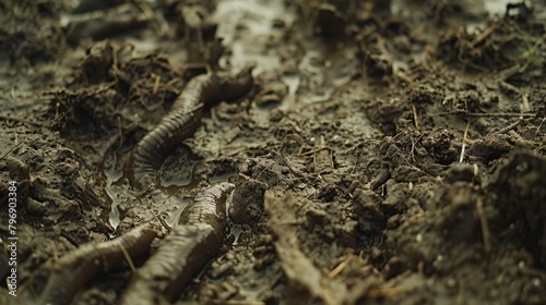   A tight shot of dirt ground featuring a worm wriggling in its midst  surrounded by grass growth