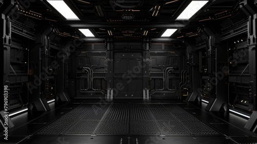 Futuristic sci-fi spaceship interior with illuminated panels and dark metal walls