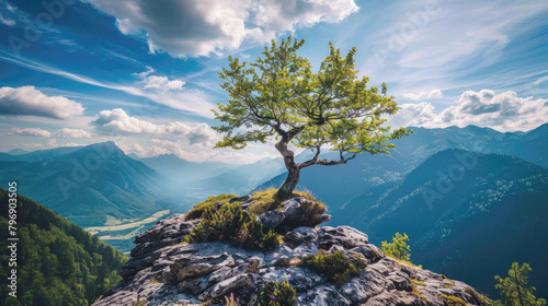 Mountain landscape with scenic tree and clouds in summer, lonely pine on cliff top, stunning view. Concept of nature, sky, outdoor, background photo