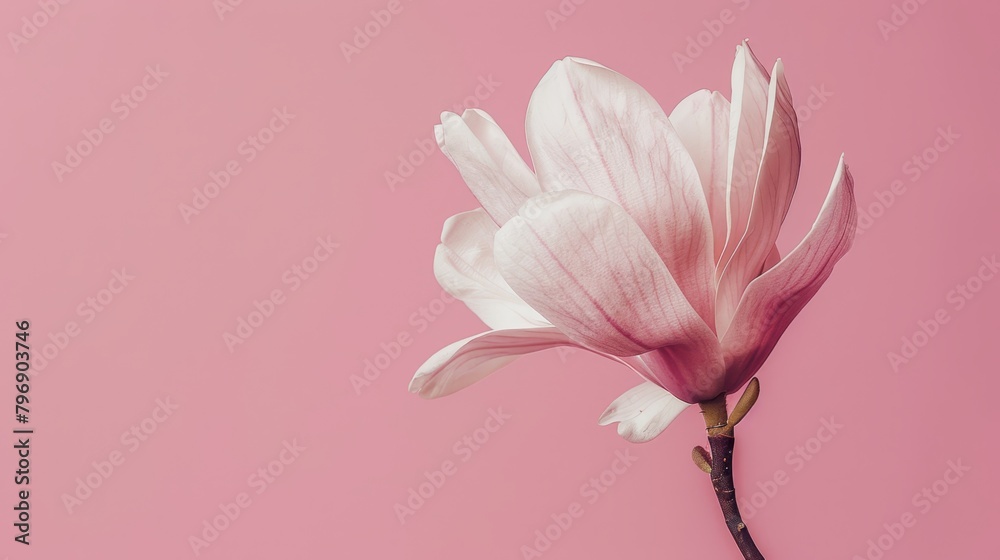   A pink flower tightly framed against a uniform pink backdrop, comprised of both background and distant wall, with a solitary pink bloom prominent in the foreground
