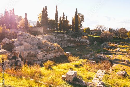 Sunlit ancient theater ruins in Corinth, perfect for history, culture, and travel themes. Corinth, Greece photo