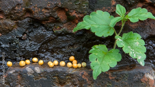  A plant emerges from a fissure in a rocky expanse, neighboring a cluster of small, yellow orbs