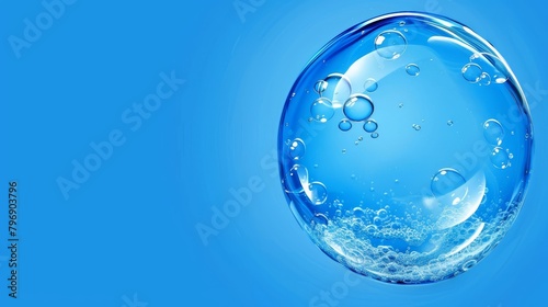   A blue background filled with water bubbles  with a cluster of bubbles in the center