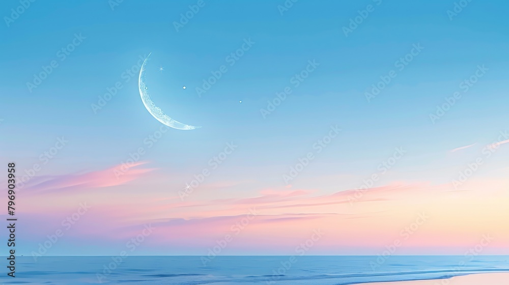 Serene beach sunset with crescent moon and twinkling stars