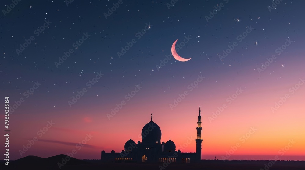 Tranquil crescent moon over mosque silhouette at dusk
