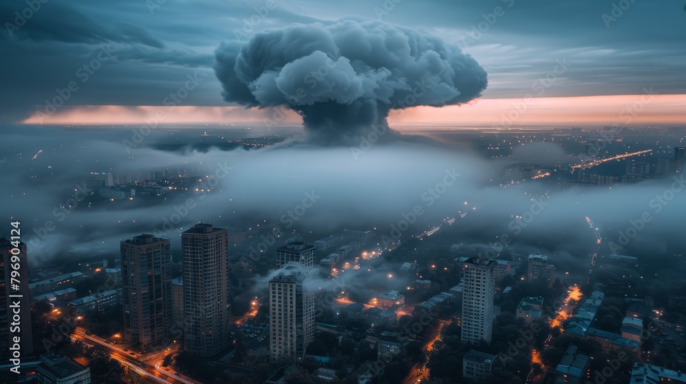   An aerial city view with a giant mushroom-shaped object hovering above the clouds