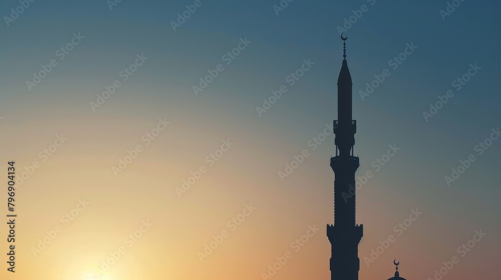 Obraz premium Majestic silhouette of mosque minaret at sunset