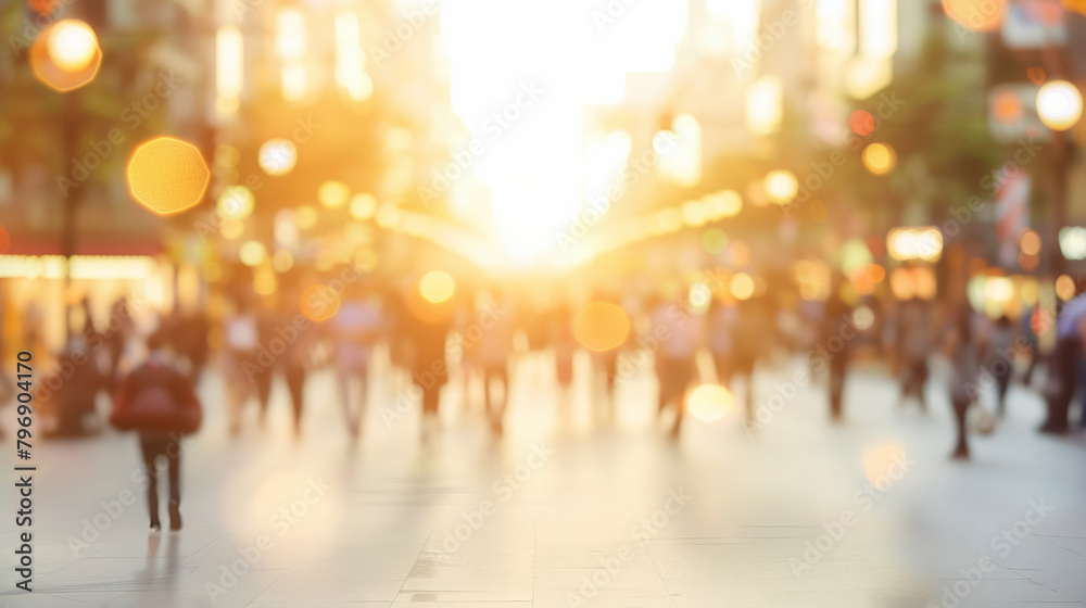 Bustling city street at sunset with people walking