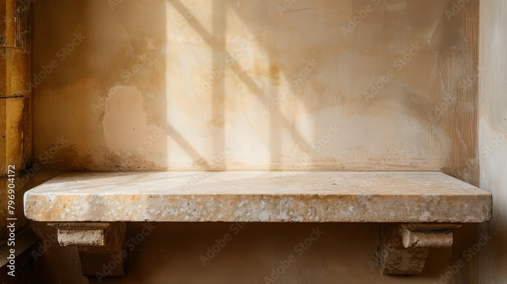 A stone bench sits in a room's corner near the window Light filters through, casting a shadow on the adjacent wall A stone bench sits in a room's corner near the window Light filters through, casting a shadow on the adjacent wall