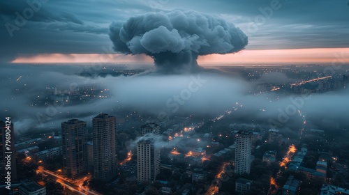  An aerial city view with a giant mushroom-shaped object hovering above the clouds