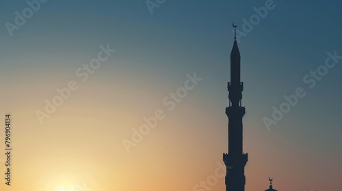 Majestic silhouette of mosque minaret at sunset photo