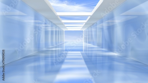 Futuristic blue corridor with glass walls and ceiling skylight