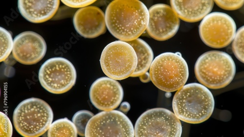  A collection of yellow and brown bubbles hovering above a darkened water surface, adorned with water droplets nestled beneath