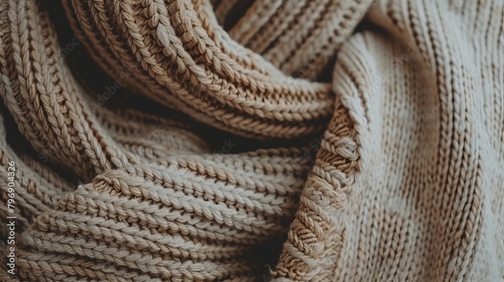  A close-up of a knitted blanket with a knot at the end The end of the blanket is shown as well