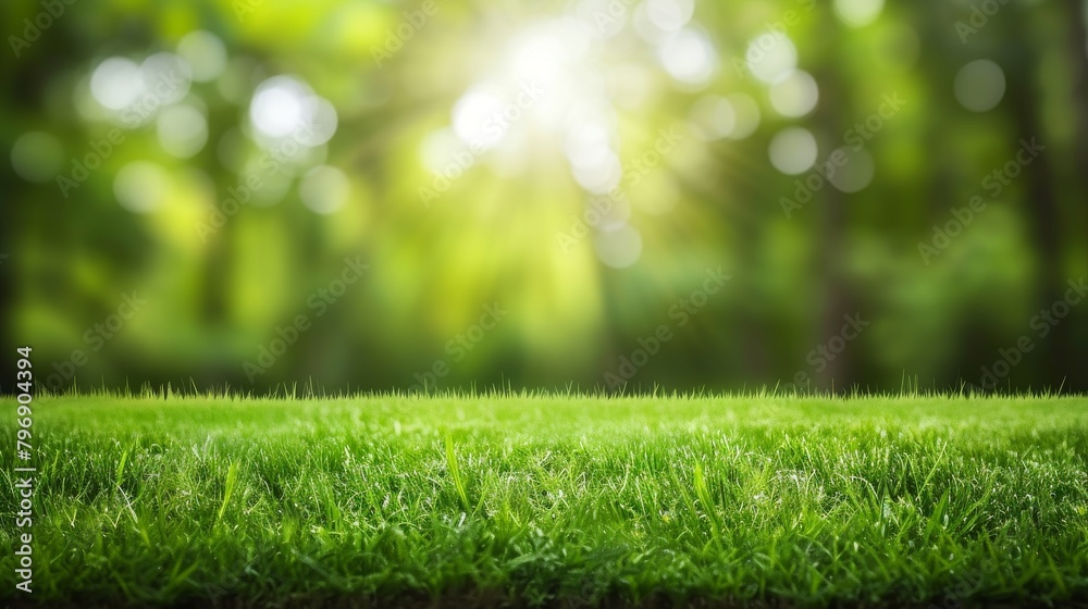 Sunlight shining through trees on vibrant green park grass