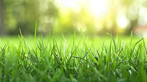 Lush green grass field under sunlit background in park setting