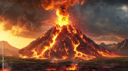  A massive mountain emits copious amounts of fire and smoke from its peak