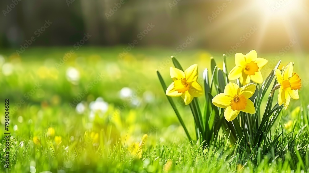 Sunlit blooming daffodils in a vibrant green meadow
