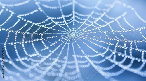  A tight shot of a spider web, adorned with dew drops in its heart